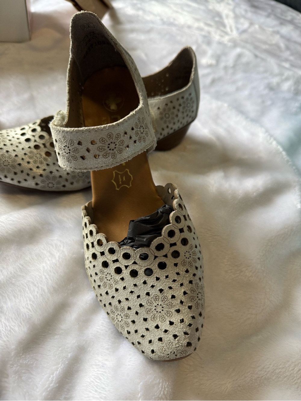 Rieker Cream Laser-Cut Suede Mary Jane Mules